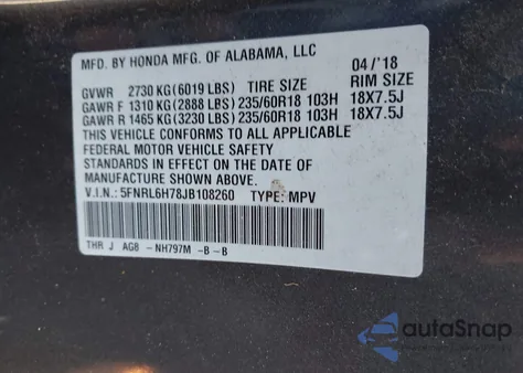 2018 Honda Odyssey Ex-L из США, поврежденный, VIN 5FNRL6H78JB108260